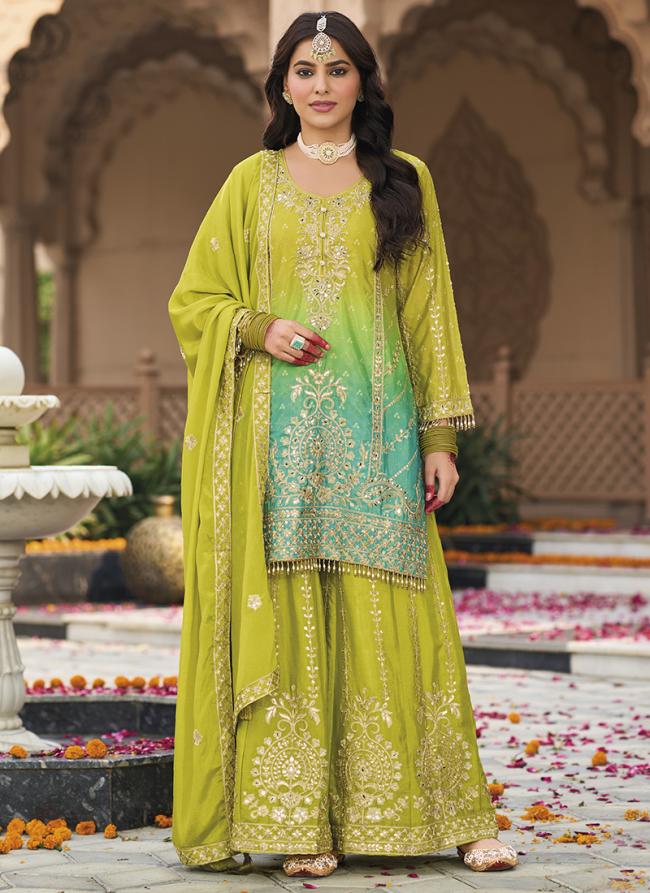 Chinnon Parrot Green Wedding Wear Zari Work Readymade Plazzo Suit